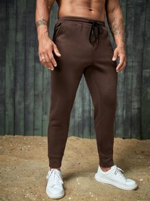 GENTILAND Men Patched Detail Drawstring Waist Joggers - Coffee Brown - View 6