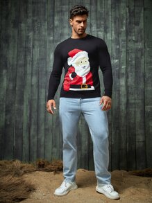 Manfinity Men Christmas Santa Pattern Drop Shoulder Jumper - Black - View 3