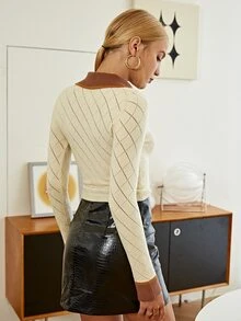 Sollinarry 拼接領網眼針織套頭毛衣 - 米色 - 查看 2