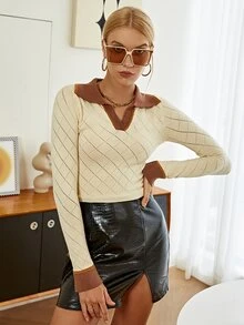 Sollinarry 拼接領網眼針織套頭毛衣 - 米色 - 查看 6