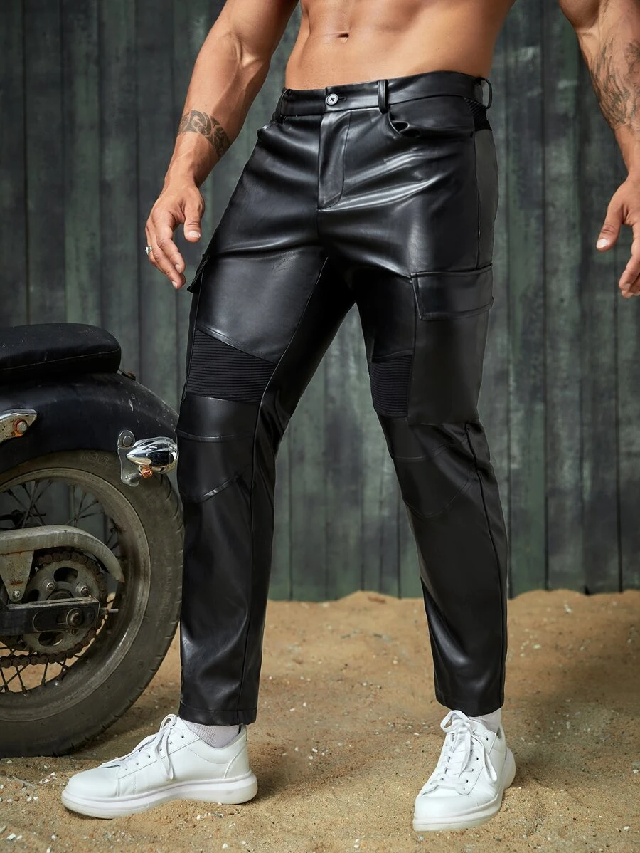 GENTILAND Men PU Leather Straight Leg Trousers - Black - View 1