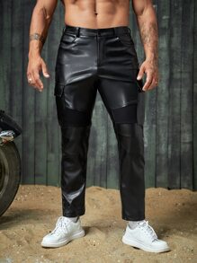 GENTILAND Men PU Leather Straight Leg Trousers - Black - View 2