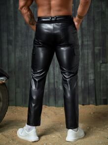 GENTILAND Men PU Leather Straight Leg Trousers - Black - View 3