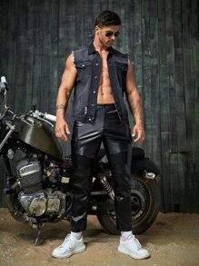 GENTILAND Men PU Leather Straight Leg Trousers - Black - View 5