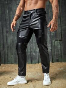 GENTILAND Men PU Leather Straight Leg Trousers - Black - View 7