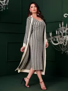 Modelyn Houndstooth Pattern Cardigan & Cami Jumper Dress - Black and White - View 1