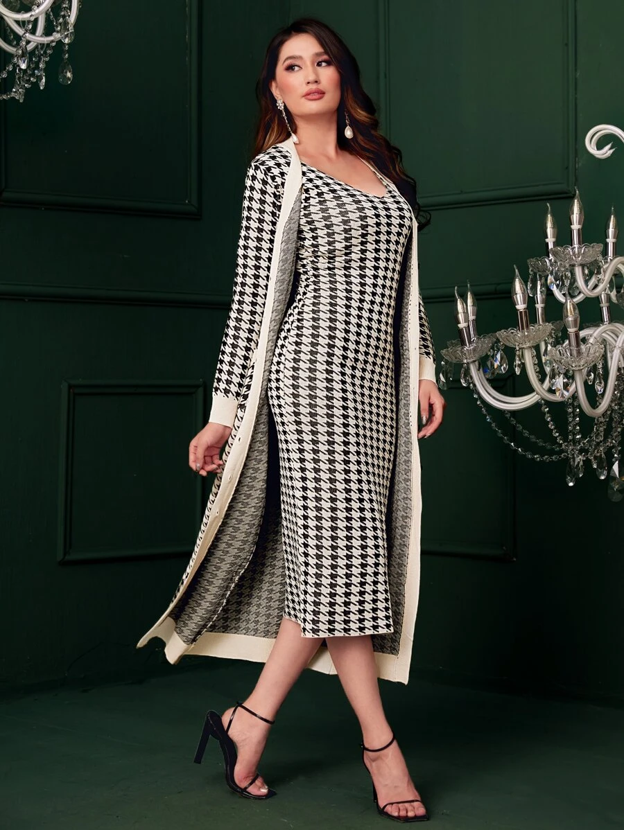 Modelyn Houndstooth Pattern Cardigan & Cami Jumper Dress - Black and White - View 1