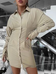 Glamaker Drop Shoulder Knot Cuff Shirt Dress - Khaki - View 3