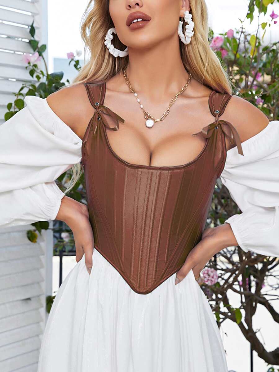 前打結繫帶後不對稱下擺全包束腰腰封 - 咖啡棕 - 查看 1