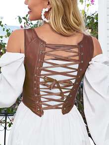 前打結繫帶後不對稱下擺全包束腰腰封 - 咖啡棕 - 查看 2