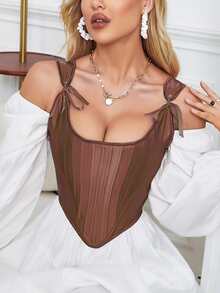 前打結繫帶後不對稱下擺全包束腰腰封 - 咖啡棕 - 查看 3