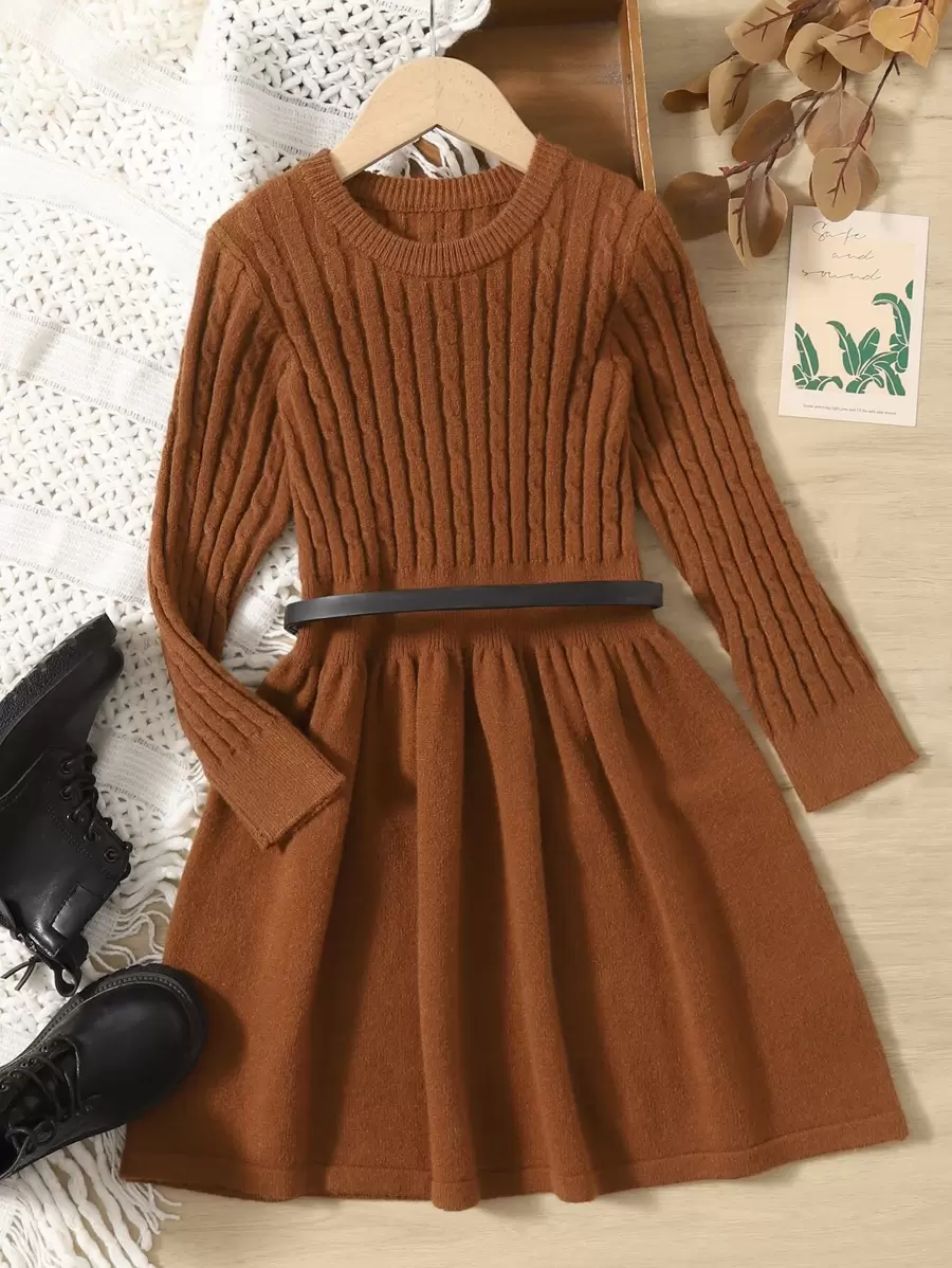 SHEIN Girls Cable Knit Jumper Dress Without Belt - Brown - View 1