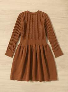 SHEIN Girls Cable Knit Jumper Dress Without Belt - Brown - View 2