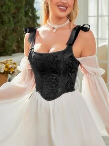 Áo shapewear nữ Bất đối xứng Thắt nút Ren lên màu trơn - màu đen - Xem 3