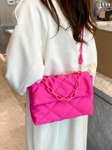 Neon Pink Quilted Pattern Chain Decor Flap Square Bag - Hot Pink - View 5