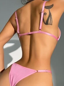 Conjunto de lencería con sostén y panty decorado con anillo en forma de corazón - Rosa - Ver 2