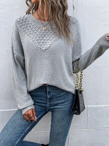 SHEIN LUNE Pointelle Knit Drop Shoulder Jumper - Light Grey - View 4