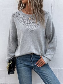 SHEIN LUNE Pointelle Knit Drop Shoulder Jumper - Light Grey - View 5