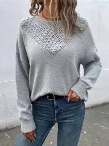 SHEIN LUNE Pointelle Knit Drop Shoulder Jumper - Light Grey - View 6