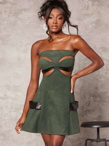 Cutout Detail Contrast PU Panel Tube Dress - Dark Green - View 1