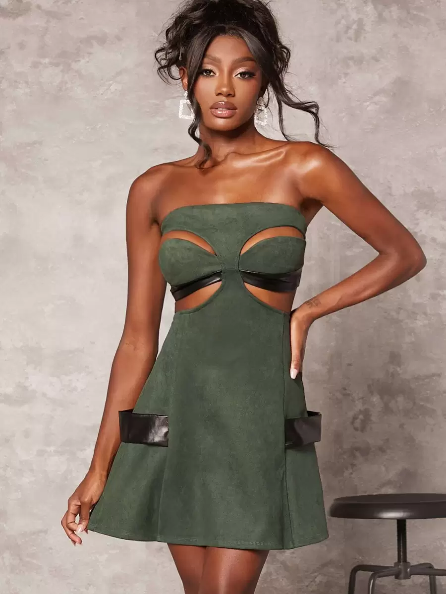 Cutout Detail Contrast PU Panel Tube Dress - Dark Green - View 1