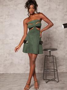 Cutout Detail Contrast PU Panel Tube Dress - Dark Green - View 5