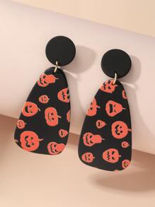 Pendientes largos geométricos Halloween con patrón de calabaza - Multicolor - Ver 1