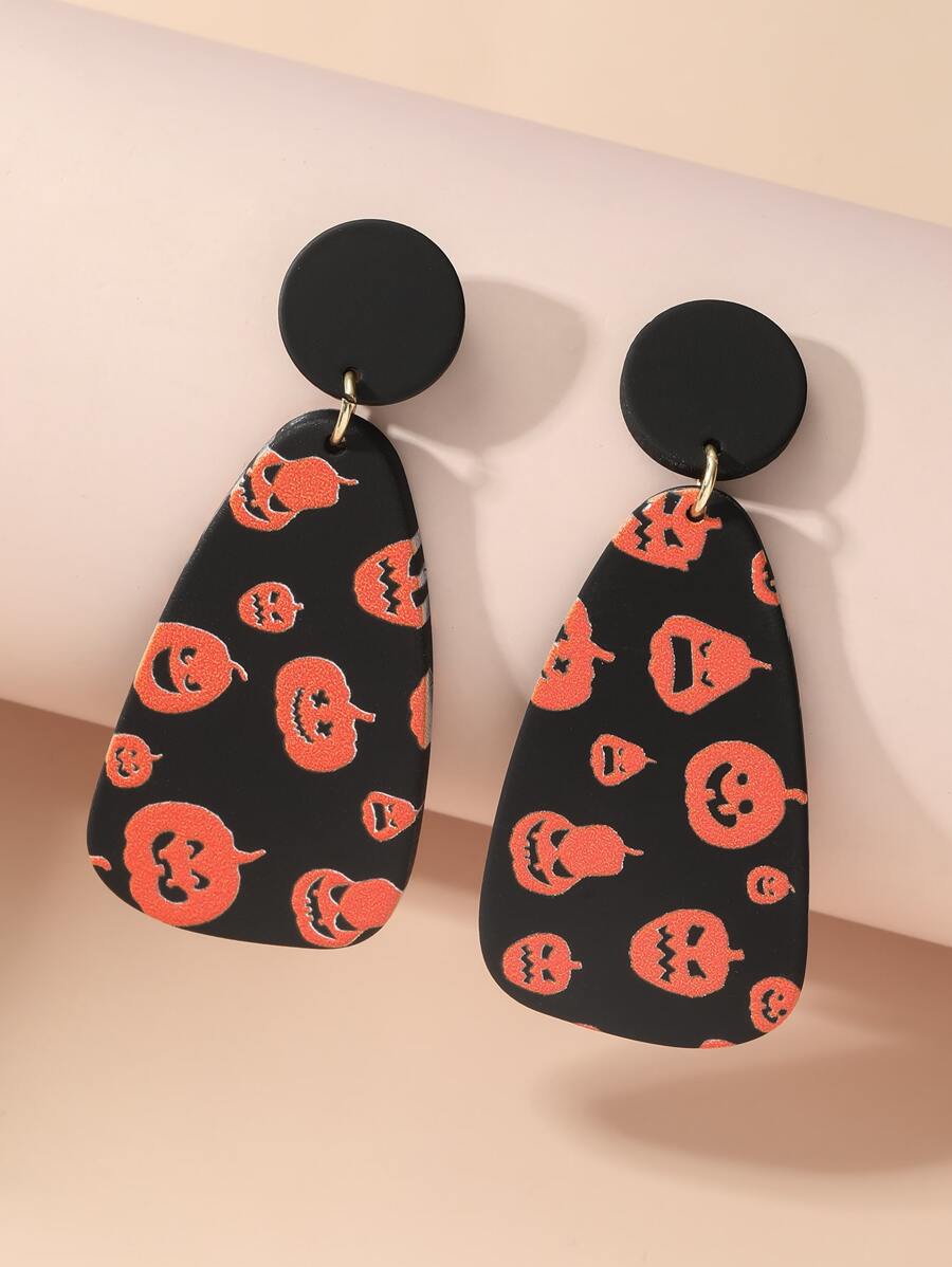 Pendientes largos geométricos Halloween con patrón de calabaza - Multicolor - Ver 1