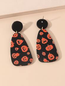Pendientes largos geométricos Halloween con patrón de calabaza - Multicolor - Ver 2