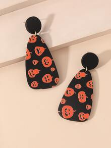 Pendientes largos geométricos Halloween con patrón de calabaza - Multicolor - Ver 4