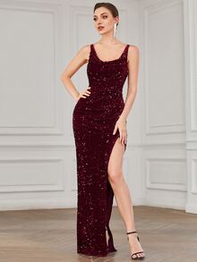 EVERPRETTY Đầm Xù Dây kéo Tách cao màu trơn Hấp dẫn - Màu Đỏ Sâu - Xem 3