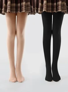 2雙小女童素色長毛絨內襯保暖褲襪 - 彩色 - 查看 1