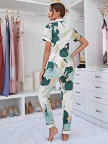 Contrast Piping Floral Print Pajama Set - Beige - View 2