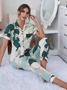 Contrast Piping Floral Print Pajama Set - Beige - View 6