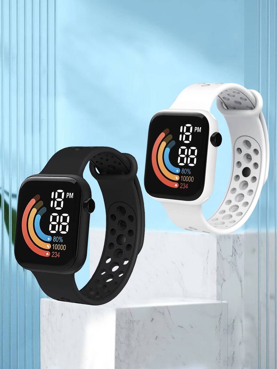 2入組情侶方形電子錶 - 黑與白 - 查看 1