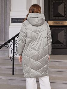 Plus Raglan Sleeve Drawstring Hooded Padded Coat - Light Grey - View 2