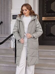 Plus Raglan Sleeve Drawstring Hooded Padded Coat - Light Grey - View 5