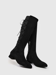 繫帶後粗跟仿麂皮經典靴 - 黑色 - 查看 5