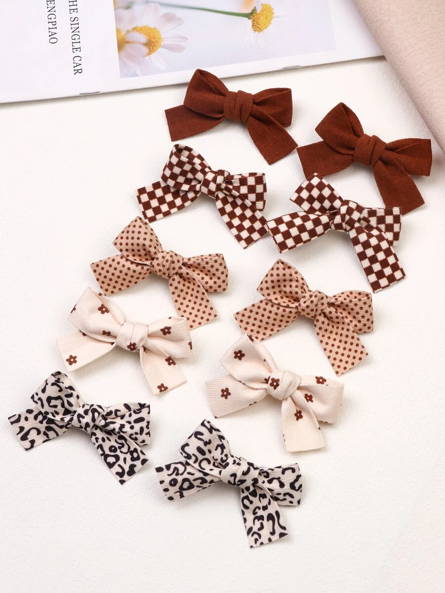 5 对女孩棕色碎花蝴蝶结发夹、蝴蝶结发夹、格子布发饰，适合日常生活、度假、返校 - 彩色 - 查看 1