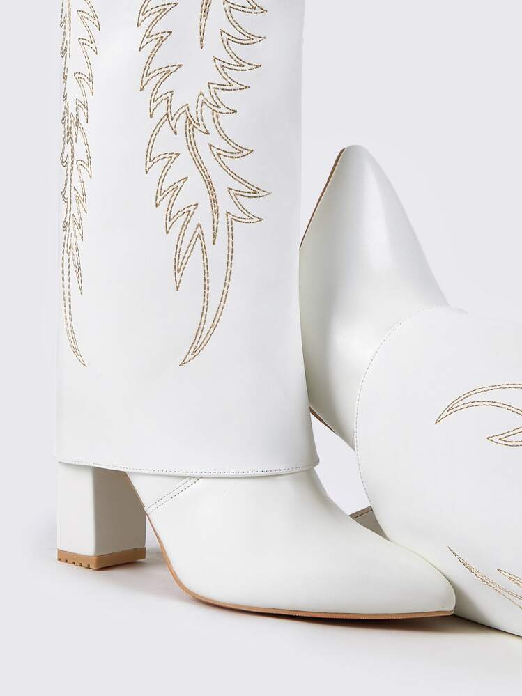 CUCCOO SZL Women Shoes Leaf Embroidered Point Toe Chunky Heeled Western Boots Day Vacation Shoes Summer Party Baddie Chic Gorgeous Style Spring Shoes Spring Break Easter For Christmas Valentine's Day - White - View 3