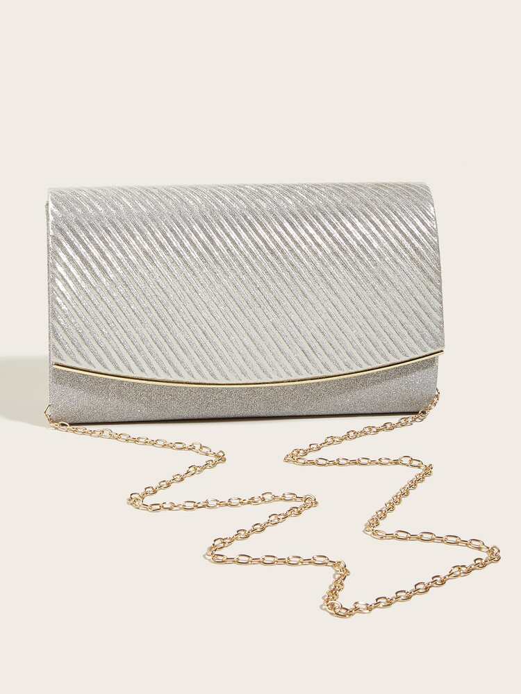 針褶壓花門襟手拿包,適用於女士晚宴派對 - 銀色 - 查看 6