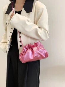 金屬質感荔枝紋壓花雲朵包 - 玫紅色 - 查看 7