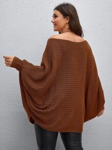 Calvaya Plus Off Shoulder Batwing Sleeve Sweater - Coffee Brown - View 2