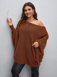 Calvaya Plus Off Shoulder Batwing Sleeve Sweater - Coffee Brown - View 4
