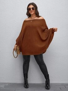 Calvaya Plus Off Shoulder Batwing Sleeve Sweater - Coffee Brown - View 5