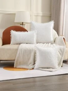 1pc Pompom Decor Cushion Cover Without Filler - White - View 1