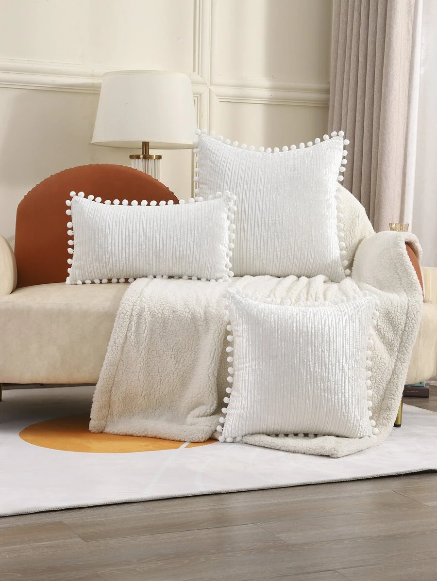 1pc Pompom Decor Cushion Cover Without Filler - White - View 1