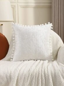 1pc Pompom Decor Cushion Cover Without Filler - White - View 3