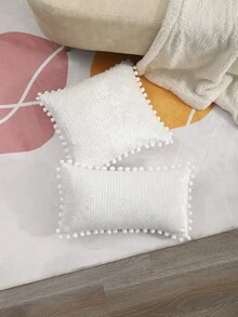 1pc Pompom Decor Cushion Cover Without Filler - White - View 5