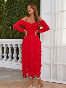 Eilly Bazar 挖肩荷葉邊連衣裙 - 紅色 - 查看 7